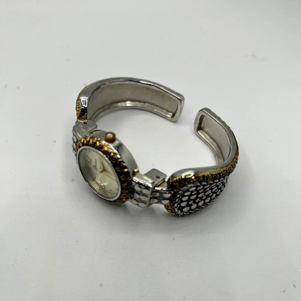 Geneva Cuff Watch Womens Two-Tone Silver Gold Textured Bangle Japan Movt Good